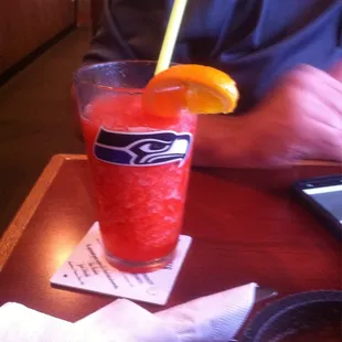 Strawberry Daiquiri - served in a Seahawks glass!  Nice!!