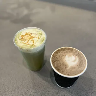 Chagaccino (iced) and Hojicha Latte (hot)