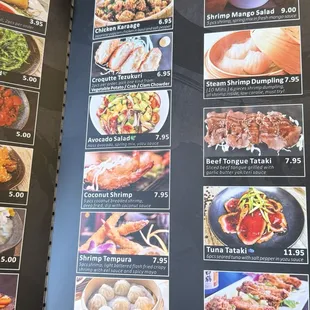 sushi and sashimi, menu