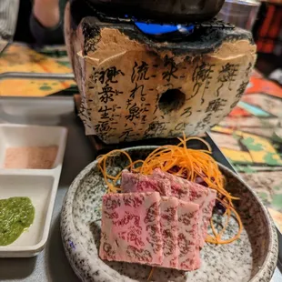 Ishiyaki BBQ with 3 oz A5 Wagyu Steak. $60. Cook it yourself on the hot stone with Himalayan salt and chimichurri sauce.