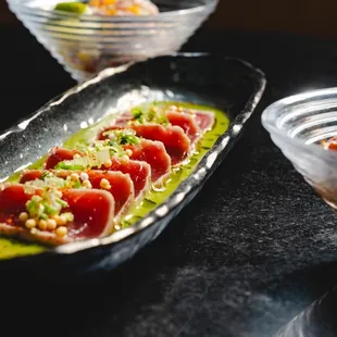 Ahi Tuna Tataki
Seared big eye tuna, shiso-su shiso oil, ichimi