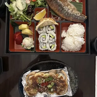 Mackerel bento box lunch special and lion king roll