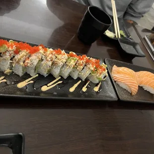 Pink lady roll and salmon nigiri