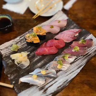 Ankimo,  Kanpachi,  Blue Fin Tuna,  Isaki,  Kohada,  Aji Horse Mackerel, and Katsu
