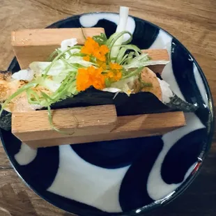 Sushi Dog: seared salmon &amp; spicy crab meat with yuzu sauce