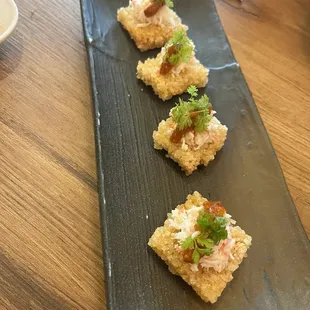 Cold Tapas: Crispy Rice w/ Singapore Style chili crab on top. This uses fake crab, but the detail was not disclosed on the menu.
