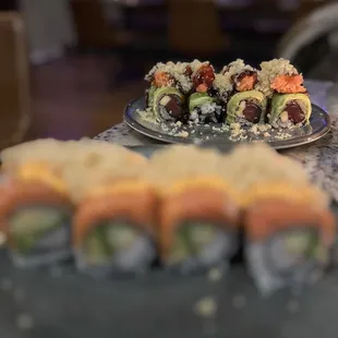 a variety of sushi rolls