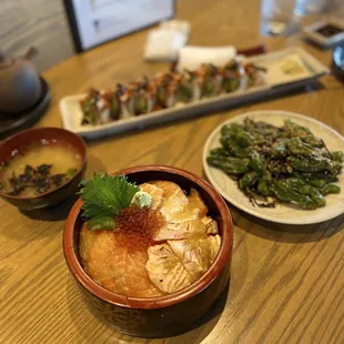 Salmon bowl, shishito peppers