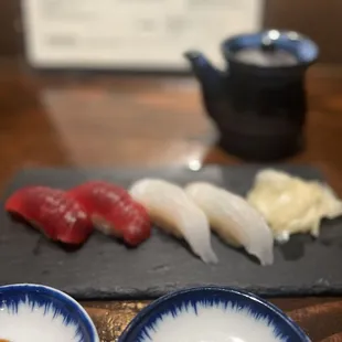 Blue Fin Tuna Nigiri -- Halibut Nigiri --