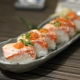 Aburi Salmon Oshi 炙りサーモン押し ($11) - torched salmon and sushi rice pressed in a box (oshizushi)