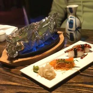 Fire VIP Roll and sashimi Smoked Salmon and nigiri Eel