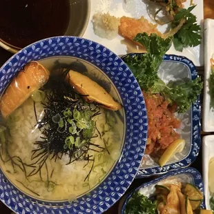 Salmon Ochazuke and Veggie Tempura with Spicy Conch