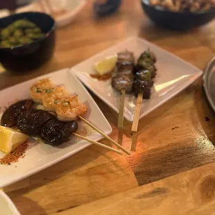 Mushroom skewer, Mayport shrimp skewer, pork belly and skirt steak
