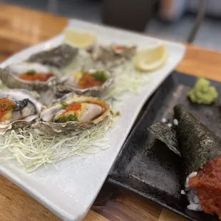 Fresh Oyster and spicy tuna hand roll