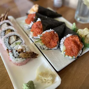 spider roll and spicy tuna hand rolls