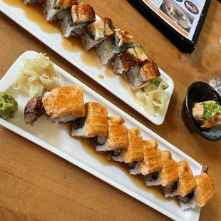 Ichiban roll on top, Monster roll on bottom, ankimo on right