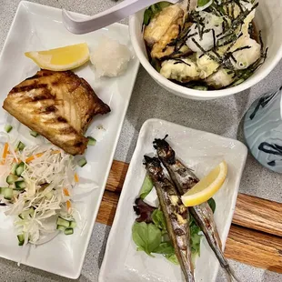 Agedashi Tofu, Shisamo (grilled whole smelt with roe) and grilled Saba