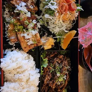 Bento box -2 items,  sukiyaki and garlic pork belly