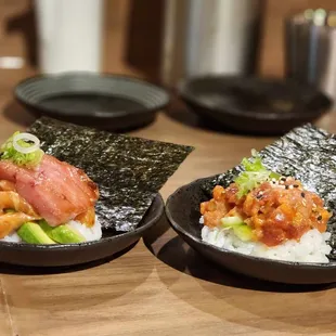 Hawaiian handroll and spicy tuna handroll
