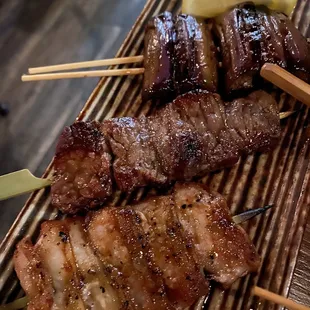 Eggplant Yakitori (top), Short Rib Yakitori (middle) and Pork Jowl Yakitori (bottom)
