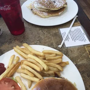 50/50 Burger 3 Chocolate Chip Pancakes