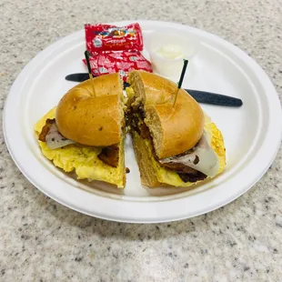 Bacon, egg, (Swiss) cheese on a sun-dried tomato bagel