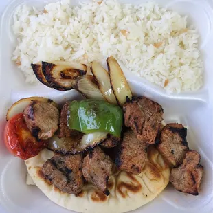Lamb Kebab w/ onions, pepper, pita, tomato &amp; Turkish rice mixed with orzo