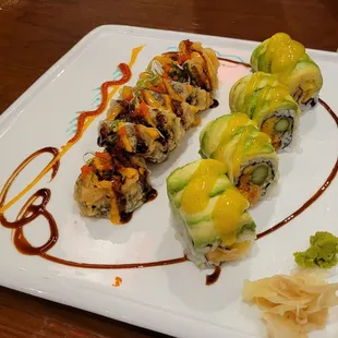 Earthquake Roll and seasonal Thanksgiving Roll (veggie)