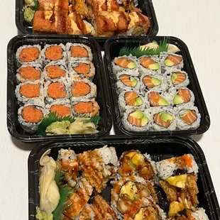 Top: Red Roof Roll Middle Left: Spicy Tuna Roll Middle Right: Salmon Avocado Roll Bottom:  Spicy Crunchy Shrimp Roll