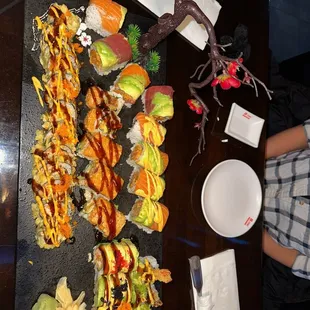 a large platter of sushi