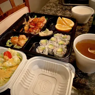 Bento Box with Scallops, comes with Salad with ginger dressing, soup, California roll sushi, orange slices