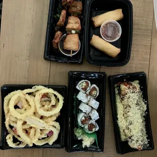 Yakitori, vegetable egg rolls, Dynamite, Spicy Tuna, Veggie Tempura