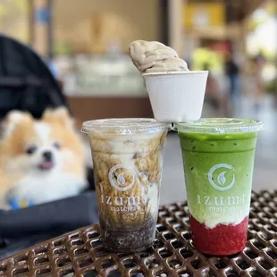 Honey Hōjicha Latte ($6.75) &amp; Strawberry Matcha Latte ($6.75). Free hōjicha soft serve for the soft opening.