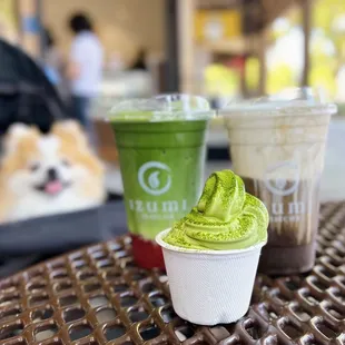 Strawberry Matcha Latte ($6.75+$1.50 extra matcha) &amp; Crème Cheese Hōjicha Tea ($6.75). Free matcha soft serve for the soft opening.