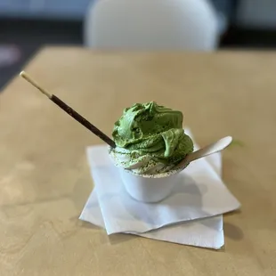 Matcha and Vanilla Soft serve with Matcha Powder. The hot fish will melt the ice cream, so eat it up quickly!