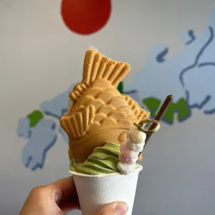 Matcha Ice Cream In Taiyaki Cone