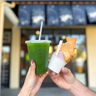 Traditional Hand Whisked Matcha Tea &amp; Ube Ice Cream In Taiyaki Cone
