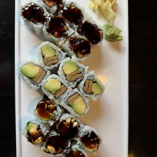 Sweet potato roll, avocado and tofu roll, avocado and peanut roll.