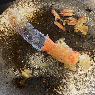 The plastic part of the crab stick not taken off and fried and served