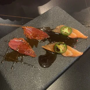 Salmon jalapeno and Tuna Tataki