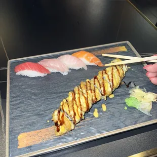 Ichibhan roll with salmon, yellowtail, tuna, and red snapper nigiri