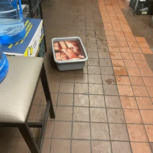 Meat defrosting on the ground.