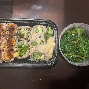 Sweet potato sushi and garden veggie maki sushi and seaweed salad