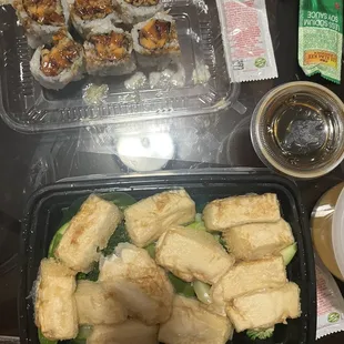 Sweet potato roll and tofu teriyaki stir fry