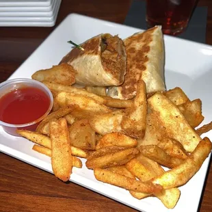 Philly Burrito with Fries and ketchup
