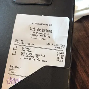 2 beers and 2 snacky meals, not too bad out the door. (Receipt)