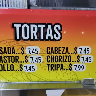 Torta prices and cuts of meat as of 7/30/21