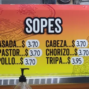 Sopes prices and cuts of meat as of 7/30/21