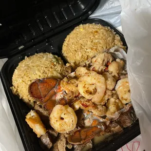 Two tails, shrimp and filet mignon and double rice. So good and juicy.