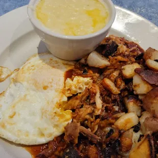 Pulled Pork and Eggs, Grits, Country Potatoes